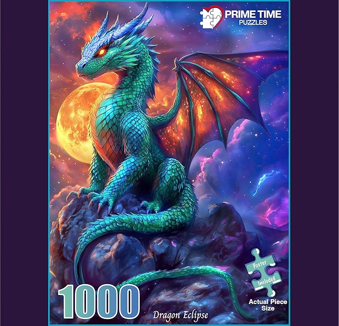 1000 Piece Jigsaw Puzzle for Adults - Gothic Fantasy Dragon Under The Moonlight - Challenging Puzzle Perfect for Game Nights - Colorful and Unique - 20x27 inches (Dragon Eclipse)