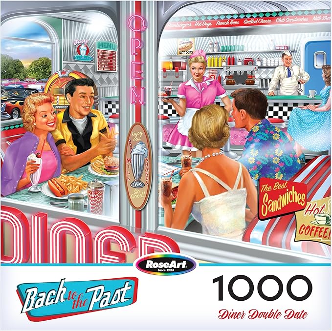 RoseArt - Back to the Past - Diner Double Date 1000 Piece Jigsaw Puzzle - Vintage Retro Diner Puzzle for Adults - Finished Size 26.625 x 19.25 Made in USA