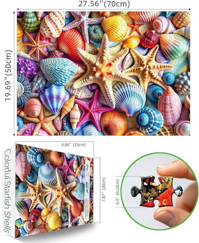 Colorful Seashell 1000 Piece Puzzles for Adults Clearance, Fun Puzzles for Adults 1000 Pieces with HD Print & Poster, 27.5" X 19.7" Dust Free, for Gifts Halloween Christmas Family Games