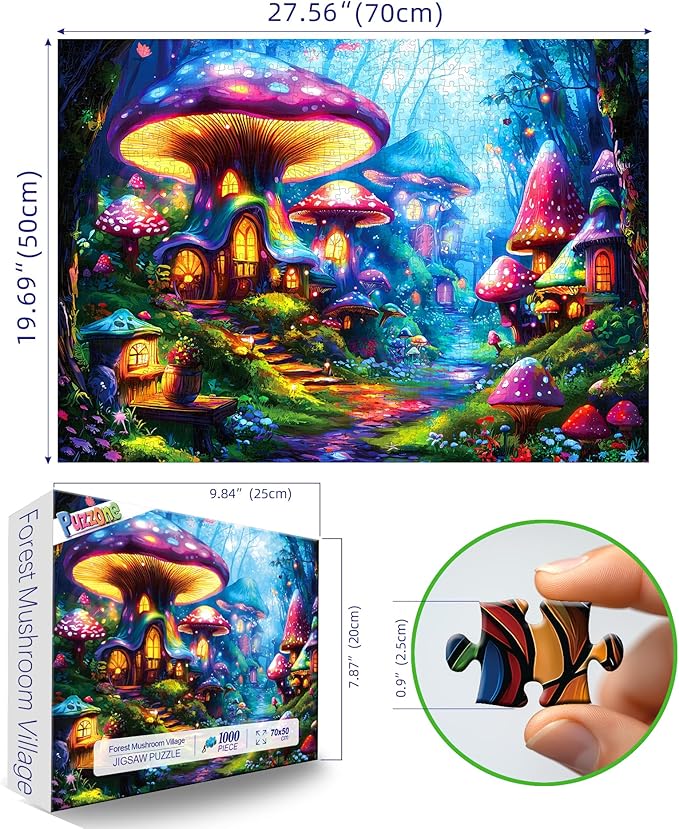 Puzzles for Adults 1000 Pieces Mushroom Village Jigsaw Puzzles Forest Fantasy Night for Challenging Game Adults Seniors Home Decor Great Gift, 27.5 x 19.7 Inch