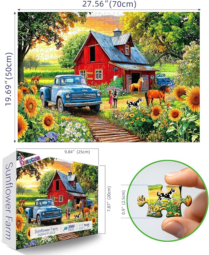 Country Farm Jigsaw Puzzle for Adults 1000 Piece, Vintage Red Barn with Blue Truck, Sunflower Garden Scene,1000 Pieces Spring Puzzles for Adults Entertainment, 27.56x19.69 in
