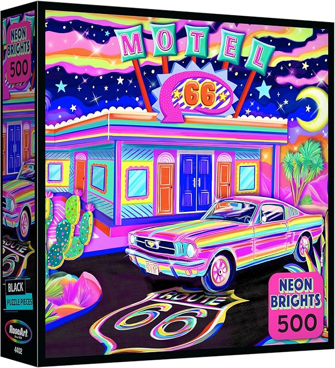 RoseArt - Neon Brights - Route 66 Night - 500 Piece Jigsaw Puzzle for Adults, Neon Retro Landscape