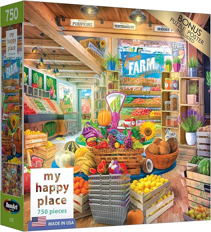 RoseArt - My Happy Place - Organic Fresh Market 1000 Piece Jigsaw Puzzle, Colorful Farm Stand Scene, Made in USA