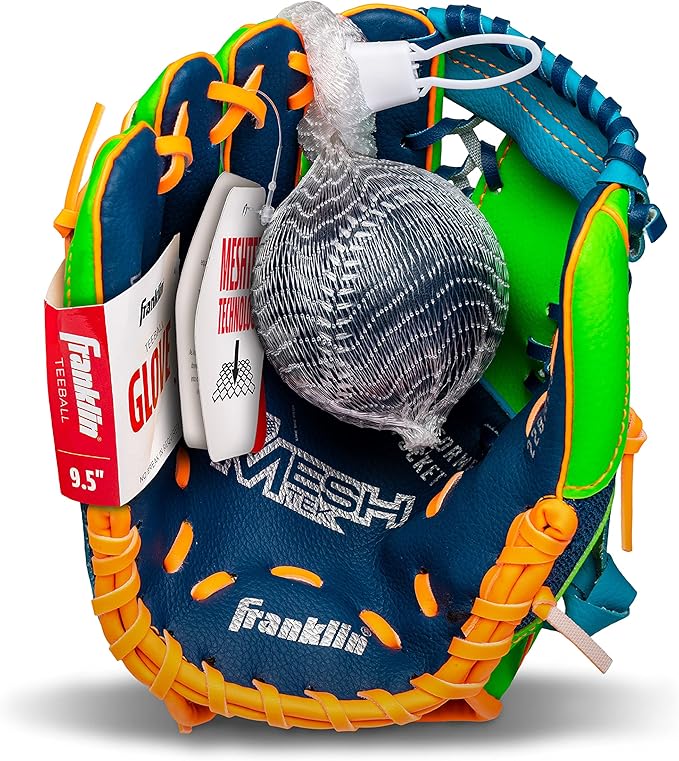 Franklin Sports Kids Baseball Glove + Foam Ball Sets - Meshtek Youth Teeball Gloves for Kids + Toddlers - Left + Right Hand Throw - 9.5" Inch