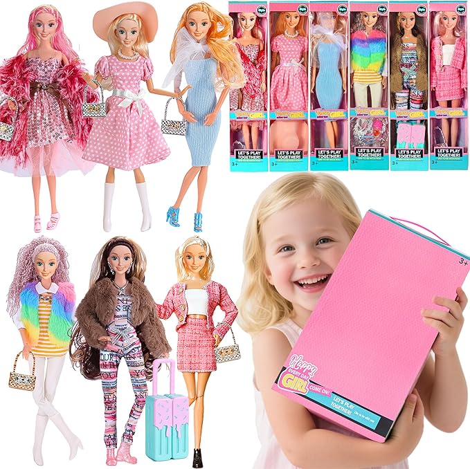 iBayda 6 Pack Fashion 11.5 inch American Toy Prinecess Dolls Playset with Outfits Dress Design and Accessories Like Handbag Hat Crown Necklace Suitcase (Gift Box Package)