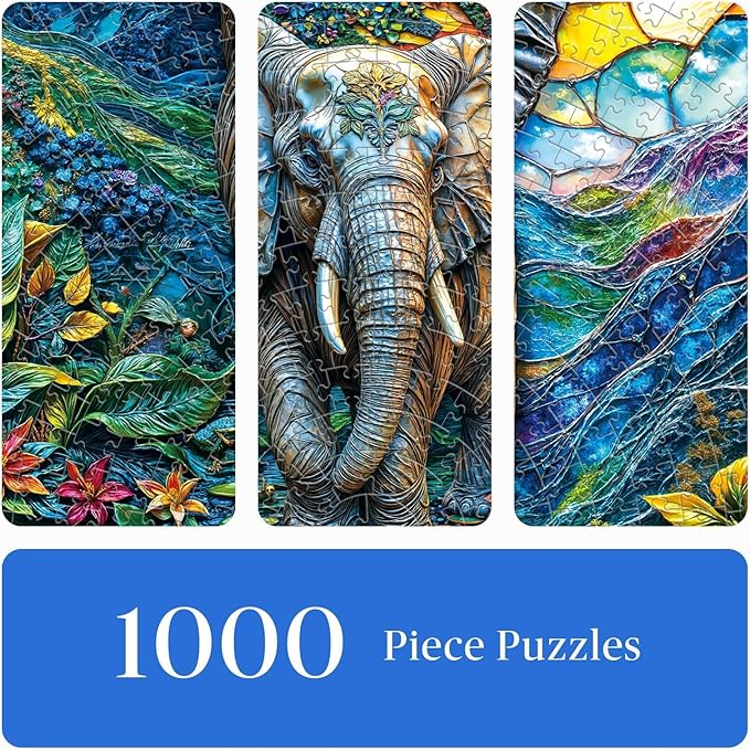 Round Jigsaw Puzzle 1000 Pieces - Majestic Elephant Art Design - 26.6" Circular Challenge, Wildlife Jungle Scene, Mindful Stress Relief Gift for Adults & Teens