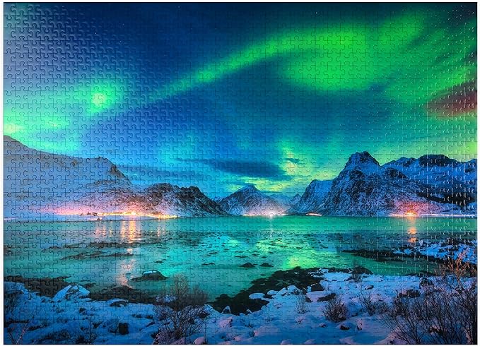 MyPuzzle Aurora Borealis Over Sea Coast, Lights At Night. Northern Lights On Lofoten Islands, Norway - Premium 1000 Piece Jigsaw Puzzle for Adults