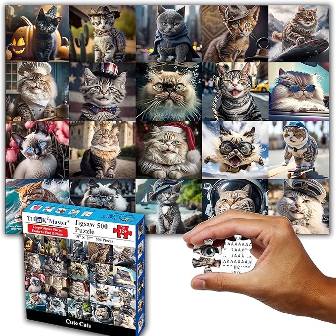 Think2Master Cute Cats 500 Pieces Jigsaw Puzzle Featuring Large Pieces & heartwarming Kittens. for Adults, Seniors & Families. Great Gift 13+ Size: 26.8” x 18.9”