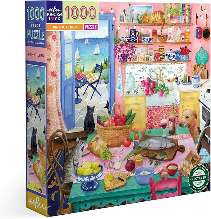 eeBoo 1000 Piece Puzzle - Pink Kitchen Jigsaw Puzzle for Adults, Square 23" x 23" Made with Recycled Board & Vegetable-Based Ink