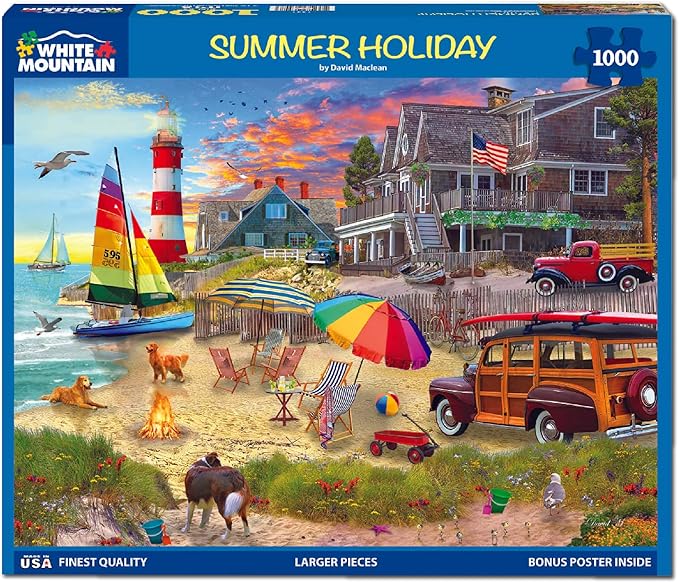 White Mountain 1000 Piece Jigsaw Puzzle Scenic Ocean Lighthouse Puzzles with Large Pieces Gift for Adults and Family 24"x30"- Summer Holiday