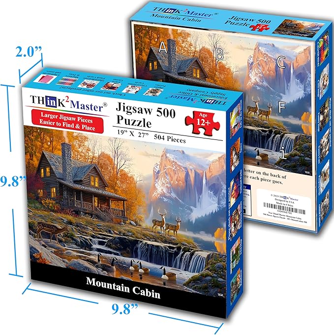 Think2Master Cabin by The Falls 500 Pieces Large Format Jigsaw Puzzle: 13+, Teens, Adults & Families. Scenic Autumn Mountain Landscape with Log Cabin, Waterfall. Great Gift. Size: 26.8” X 18.9”
