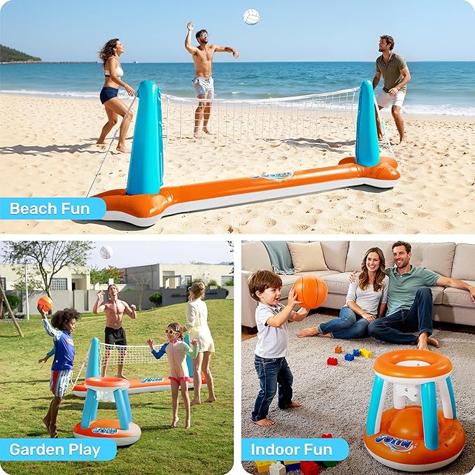 JOYIN XL Inflatable Pool Float Set, 125'' Volleyball Net & Basketball Hoops, Extra Large Floating Swimming Game Toy for Kids and Adults, Summer Floaties, Volleyball Court|Basketball, XL-Orange