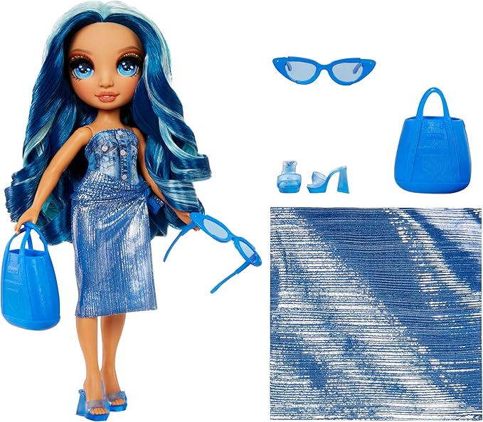 Rainbow High Swim & Style Skyler, Blue 11" Fashion Doll with Shimmery Wrap to Style 10+ Ways, Removable Swimsuit, Sandals, Fun Play Accessories, Great Toy Gift for Girls Kids Ages 4-12 Years
