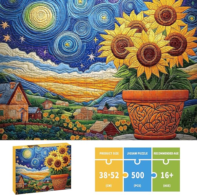 Puzzles for Adults 500 Pieces, Sunflower Puzzle Jigsaw Puzzles 500 Pieces - Starry Sunflower, Impossible Starry Night Puzzle, Finished Size 20.47 * 14.96”, with 1:1 Poster, Letter on The Back