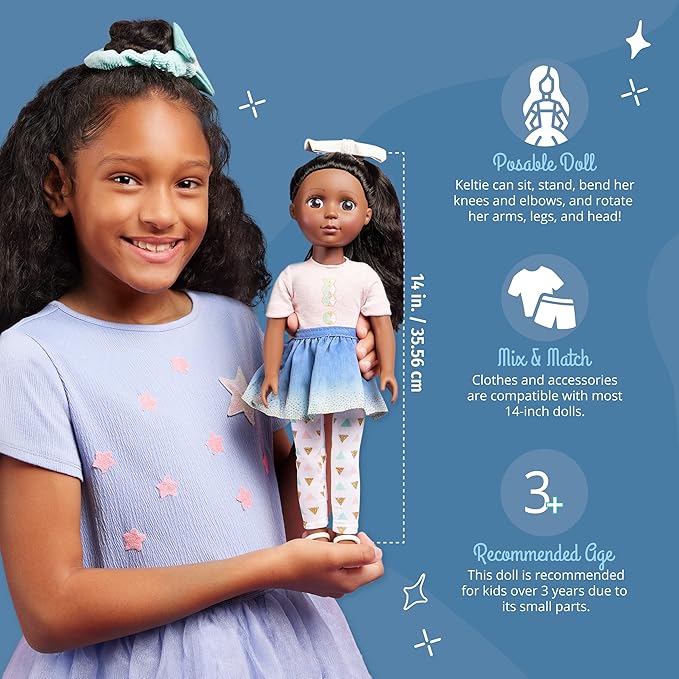 Glitter Girls – 14-Inch Fashion Doll – Long Brown Hair & Brown Eyes – Top & Blue – Ombre Skirt with Gold Glitter – Medium – Dark Skin Tone – 3+ Years– Keltie