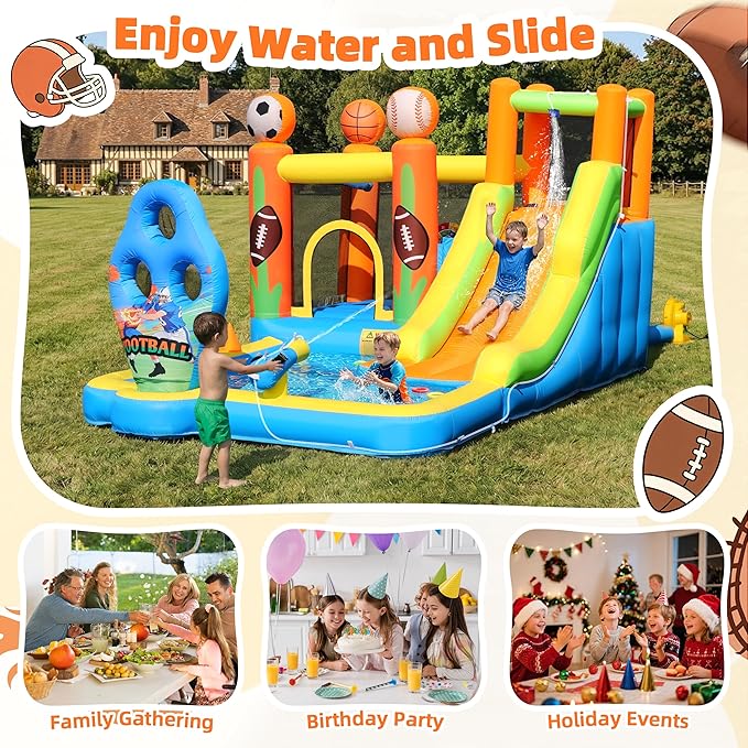 TOAOB Inflatable Water Slide for Kids 3-12: Blow Up Bounce House Backyard Water Park with 480W Blower- 9 in 1 Football-Themed for Outdoor Birthday Party