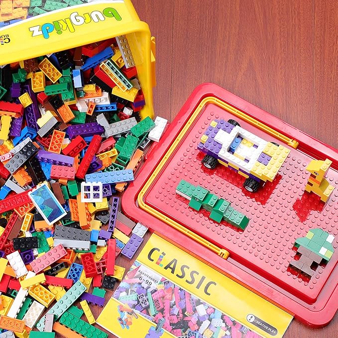 Building Bricks 1020 Pieces Set, 1000 Basic Building Blocks in 17 Fun Shapes Includes Wheels, Door, Window, Bulk Block with Storage Box, Handle and Base Plate, Compatible Block Construction Toys