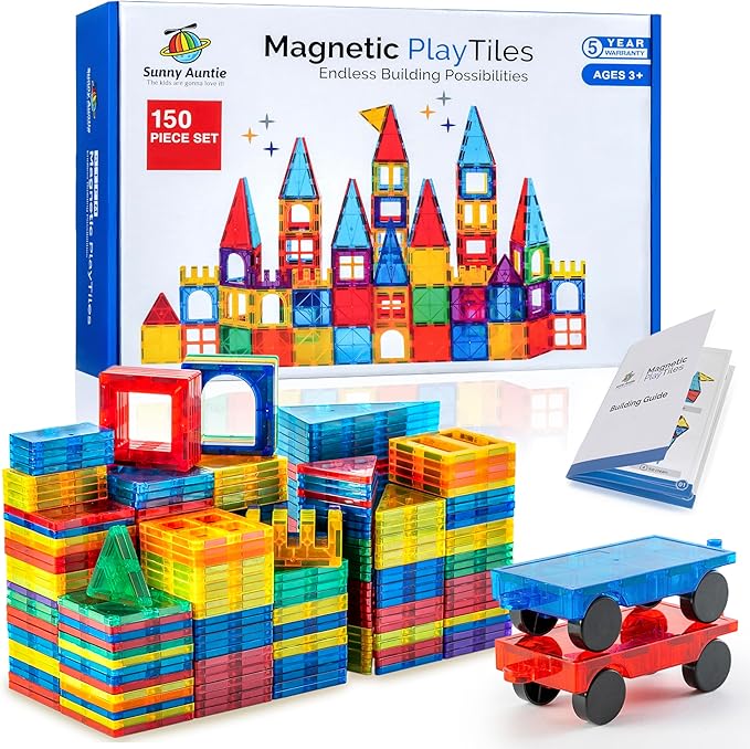 Magnetic Tiles 150 PCS XL Set with Storage Bag – Magnetic Building Tiles for Kids Ages 3-8, STEM Magnet Construction Toy for Boys & Girls