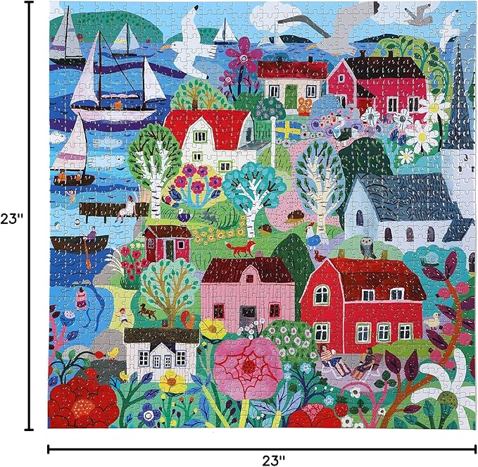 eeBoo 1000 Piece Puzzle - Swedish Fishing Village Jigsaw Puzzle for Adults, Square 23" x 23" Made with Recycled Board & Vegetable-Based Ink