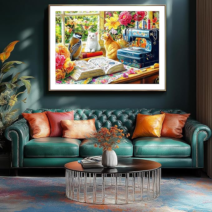 Blueforest 500 Piece Puzzle for Adults, Cozy Sewing Room Jigsaw Puzzle - Cats, Birds & Vintage Sewing Machine, 23x15 Inch Unique Shaped Pieces Art Puzzle