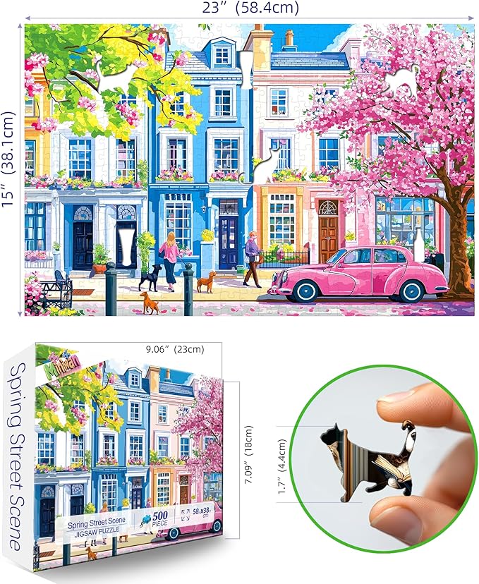 MINIWAN 500 Piece Puzzles for Adults - London Townhouse Cherry Blossom Jigsaw Puzzle, 23x15 Inches with Unique Irregular Shaped Pieces for Relaxation & Home Wall Decor