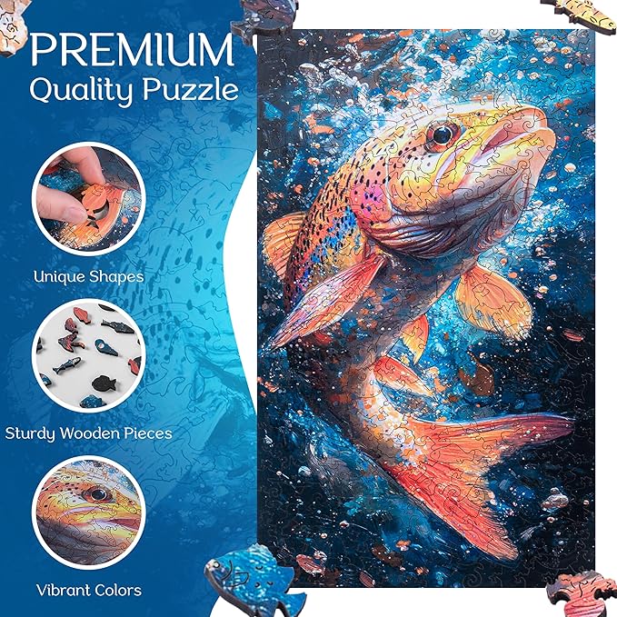 ESTROSO Magical Wooden Puzzle for Adults with Beautiful Rainbow Trout Fish Design - 300 Piece Each Luxury Unique Shape Wooden Puzzle with Exquisite Wooden Box for Gift - 8.9x17.7 Inch