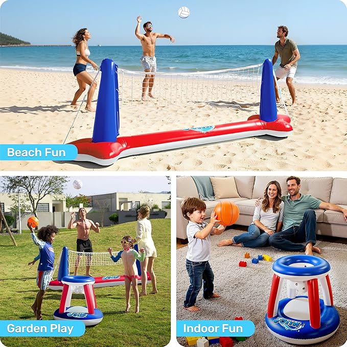 JOYIN Inflatable Pool Float Set Volleyball Net & Basketball Hoops, Balls Included for Kids and Adults Swimming Game Toy, Summer Floaties, Volleyball Court |Basketball,L-Red