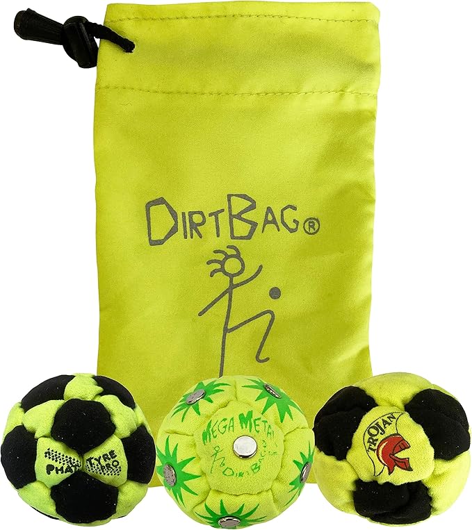 DIRTBAG Lover Footbag 3-Pack with Pouch, Includes Three Original and Unique Premium Quality Hand Sewn Footbags and Carry Pouch.