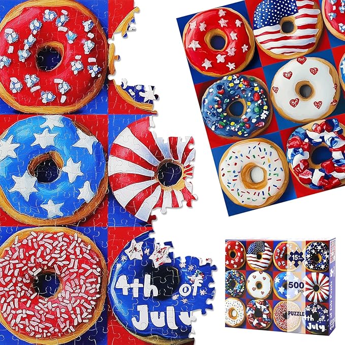 Patriotic Donuts 500 Piece Puzzles for Adults - American Flag Theme, with Vibrant Red, White & Blue Artwork Puzzle for Family Game Night & Home Decor
