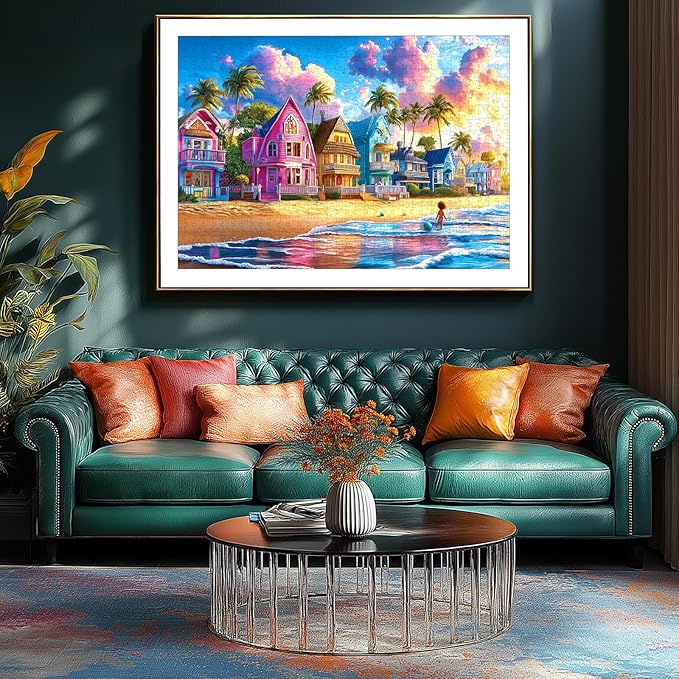 Colorful Beach Houses 500 Piece Jigsaw Puzzles for Adults Tropical Coastal Scene with Palm Trees Sunset Ocean Waves Puzzle with Letters on Back for Adults Teens Seniors Family Puzzle(23"x15")