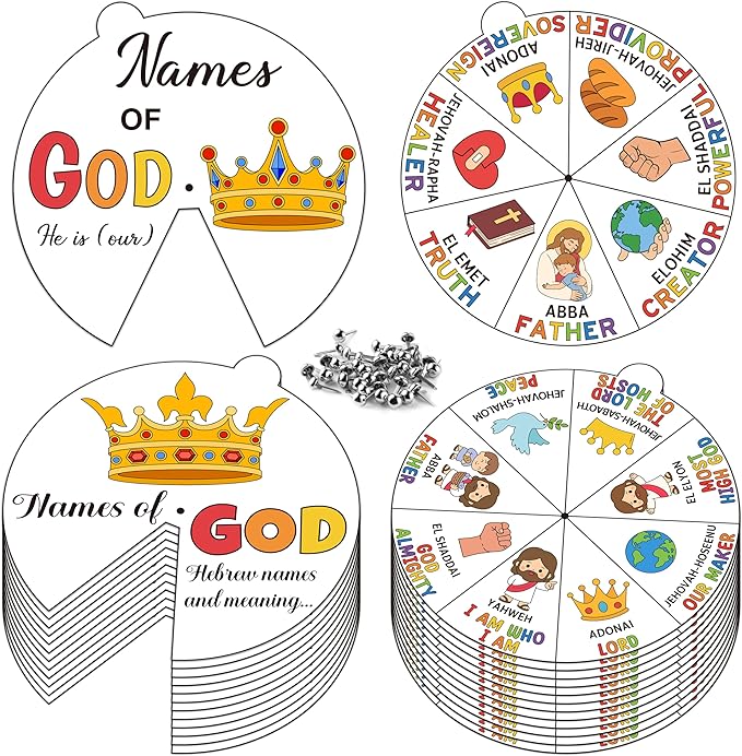COcnny Religious Christian Craft for Kids - 24 Sets Color Your Own God’s Name Art Craft Cards, DIY Coloring God Wheel Paper Kit for Church Sunday School Home Class Bible VBS Activities