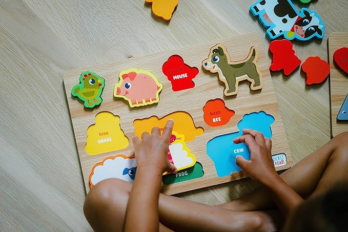Chuckle & Roar - Jigsaw Wooden Puzzles Shapes and Animals 2 Pack - Preschool Puzzle for Toddlers Ages 3 Plus - Educational Puzzle Set for Fine Motor Skills and Screen Free Learning