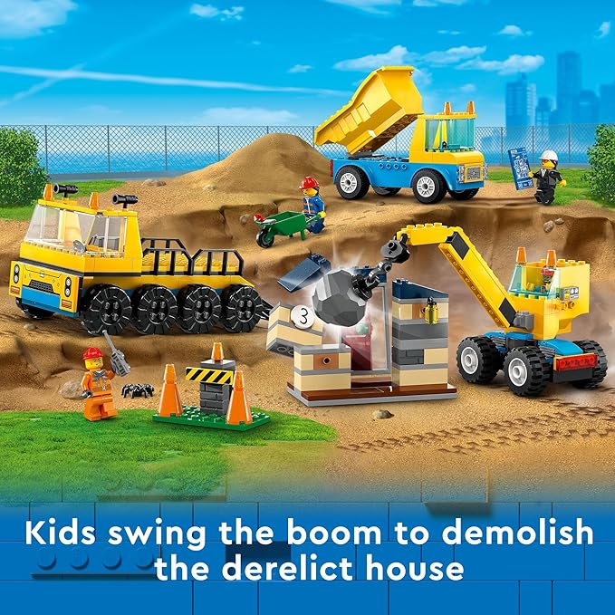 LEGO City Construction Trucks and Wrecking Ball Crane 60391 Building Toy Set for Toddler Kids Ages 4+, Includes 3 Construction Vehicles, an Abandoned House and 3 Minifigures for Pretend Play