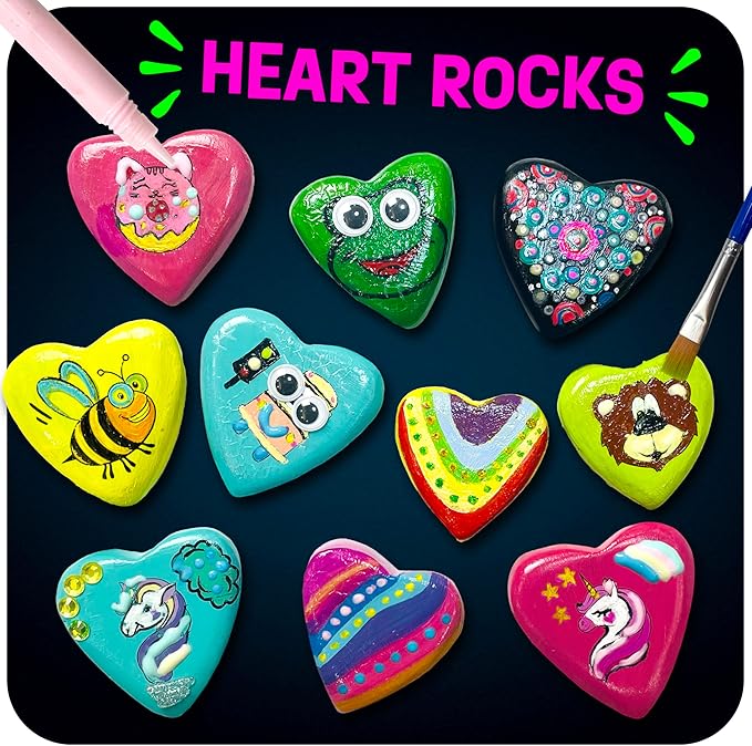 Hearts Rock Painting Kit for Kids Girls - Glow in Dark Art Supplies Ages 4-12 - Complete STEM Craft Set with Puffy Paint Stickers Gems Paints - Educational Birthday Easter Gifts Art Toys for Girl