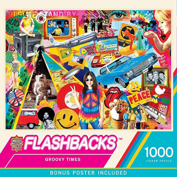 MasterPieces Vintage 1000 Piece Jigsaw Puzzle for Adults - Groovy Times - Retro 60s & 70s Collage - 19.25"x26.75"