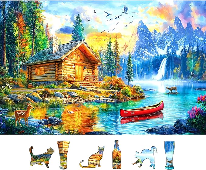 500 Piece Jigsaw Puzzle for Adults Mountain Lake Cabin Nature Forest Waterfall Deer Sunset Landscape Family Challenging Puzzles with Letters on Back Perfect for Game Night (23"X15")