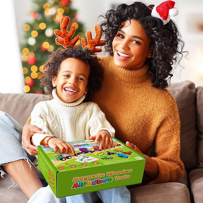 Vanmor 27 PCS Magnetic Wooden Alphabet Train Sets | ABC Letter Learning Toy Trains with 42 PCS Flash Cards, 1 Engine, 1 Storage Bag | Toddlers Kids Boys Girls Educational Toys for 3 4 5 6 7 Years Old