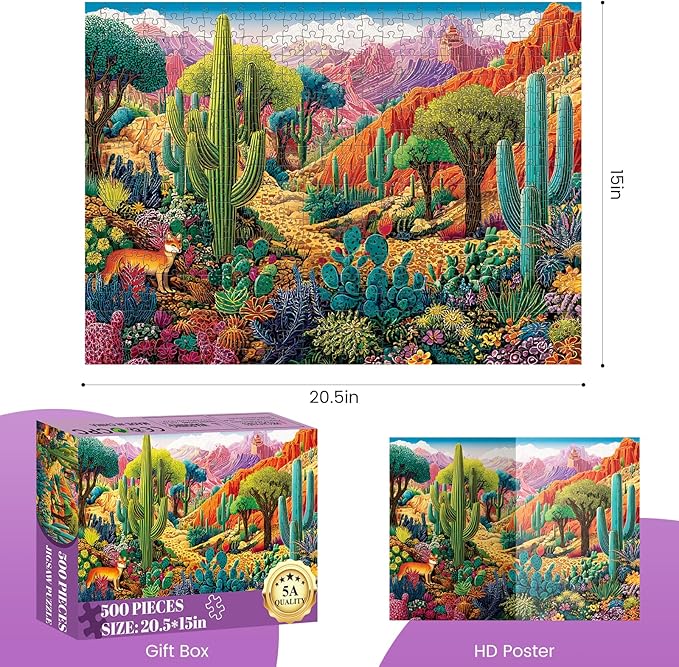 500 Piece Jigsaw Puzzles for Adults, Colorful Desert 500 Piece Puzzle, Vibrant Landscape with Cacti, Fox and Mountains Jigsaw Puzzles, Relaxing Gift for Adults, Seniors, 20.5 x 15 in