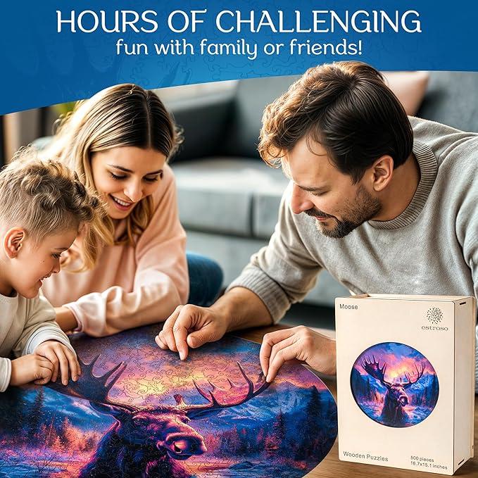 ESTROSO Magical Wooden Puzzle for Adults with Beautiful Moose Animal Design - 500 Piece Each Luxury Unique Shape Wooden Puzzle with Exquisite Wooden Box for Gift - 16.7x15.1 Inch
