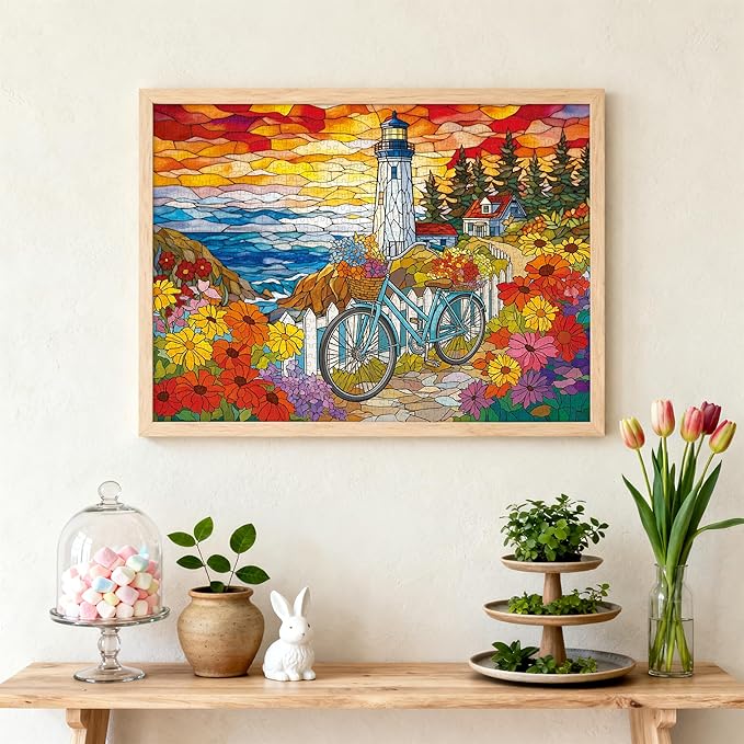 Puzzles for Adults 1000 Pieces Stained-Glass Lighthouse, Sunset Coastal Lighthouse Adults Puzzles Flowers Bike Letter on Back No Dust, Matte Finish Seaside Jigsaw Puzzles Home Decor, Gifts Games