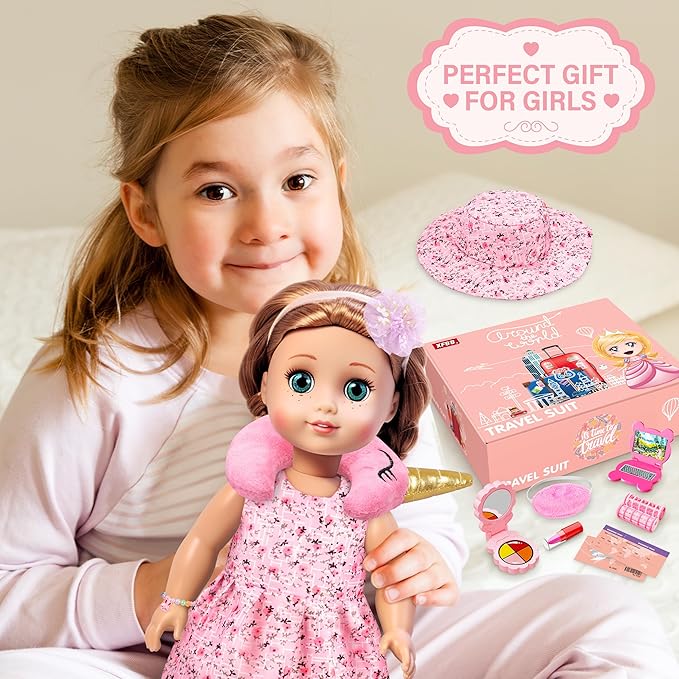Doll Suitcase Travel Sets, 18 inch Doll Clothes and Accessories - 28 Pcs Travel Pillow, Unicorn Bag, Sunglasses, Camera, Computer, Phone, Passport, Birthday Gifts for Age 3 4 5 6 7 Year Old Girls