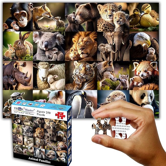 Think2Master Animal Families 250 Pieces Jigsaw Puzzle Featuring heartwarming Mammals & Birds. Puzzle for Adults & Seniors, Large Pieces, Great Gift Size: 14.2” X 19.3”