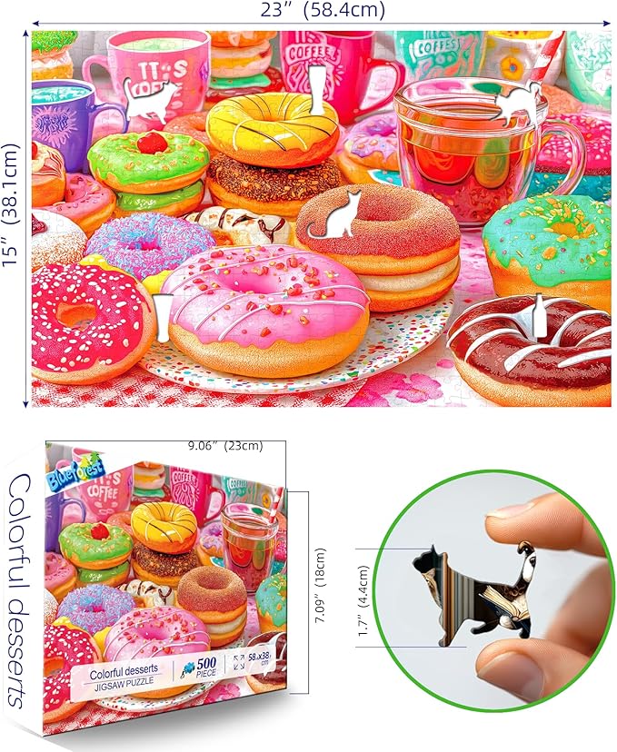 500 Piece Jigsaw Puzzle for Adults Colorful Donuts Coffee Delicious Dessert Design Fun Vibrant Food Sweet Treats Puzzles for Family Game Night Seniors(23“X15”)