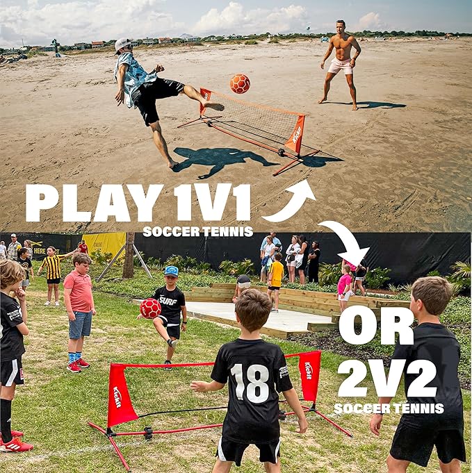 Kickit Soccer Tennis Game Set, Portable 6.5' Wide x 2' High Net & Soft Lightweight Ball, Play Outdoors, Indoors, Backyard, Beach, Complete Skills Training & Travel Friendly, Original
