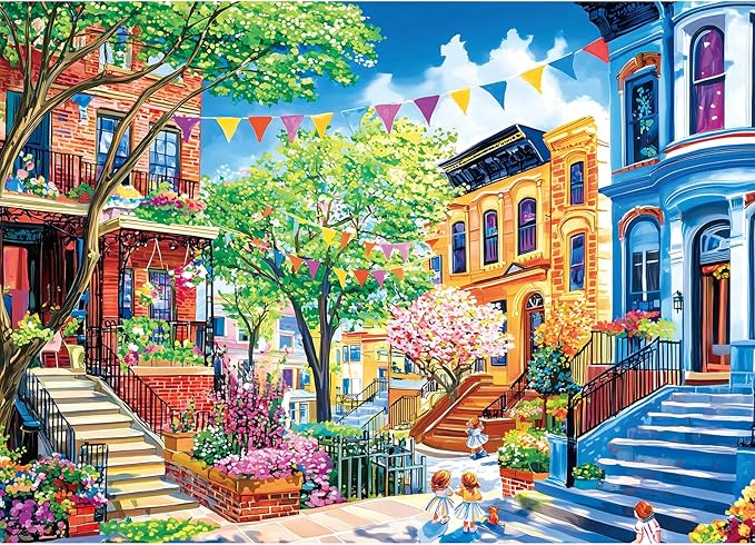 Jigsaw Puzzles for Adults 1000 Pieces City Street, Colorful Houses Streets Spring Puzzle for Adults, Gift for Adults Jigsaw Puzzles Lovers, 27.5 x 19.7 Inches
