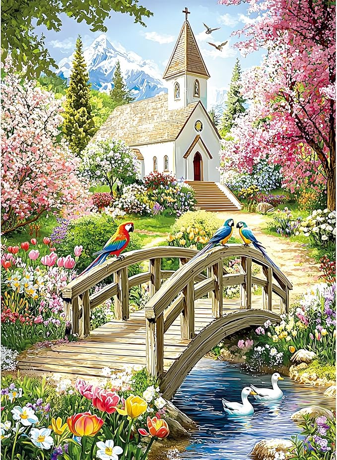 Puzzles for Adults 500 Pieces,Charming Lakeside Church Puzzle for Adults,Beautiful Flower & Parrot Jigsaw Puzzles for Seniors,Puzzles for Family Game Nights & Holiday Party Gifts,20.5x15 in