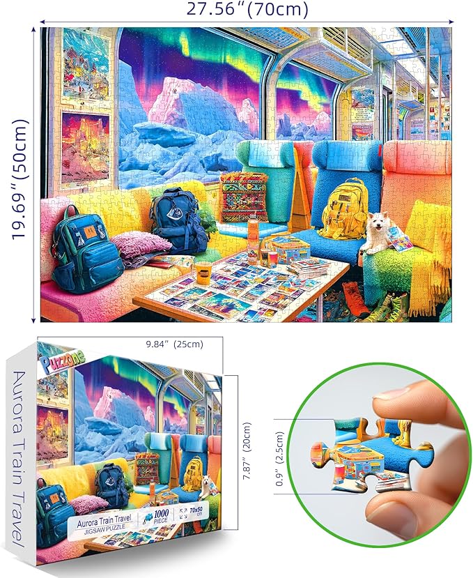 1000 Piece Jigsaw Puzzle for Adults Colorful Arctic Train Compartment with Northern Lights Travel ice Landscape Challenging Puzzle for Game Nights (27.6"x19.7")