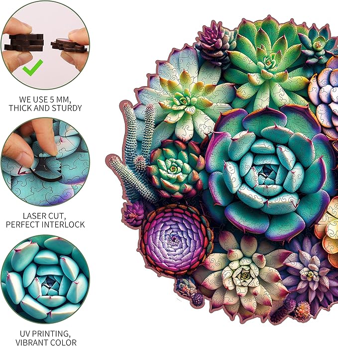 Delobil Wooden Jigsaw Puzzles - Mandala Succulent Plants, 1000 Piece Luxurious Shaped Wooden Puzzles for Adults and Kids, Family Game, 23.4'' x 22.6''