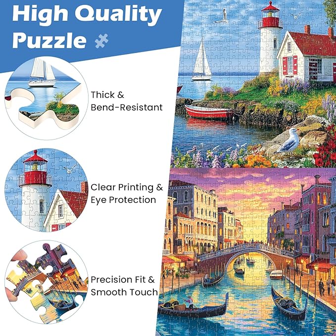 2 Pack 500 Pieces Puzzle for Adults,Beach Jigsaw Puzzles 500 Pieces City Building Puzzles Scenery Puzzle 500 Piece Premium Cardboard Jigsaw Puzzle for Tabletop Challenging Family Activity Gift Toy