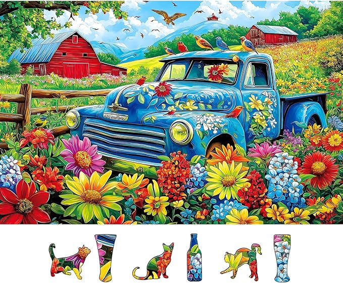 MINIWAN 500 Piece Puzzles for Adults - Vintage Blue Truck Farm Floral Jigsaw Puzzle, 23x15 Inches with Unique Shaped Pieces for Relaxation & Home Decor